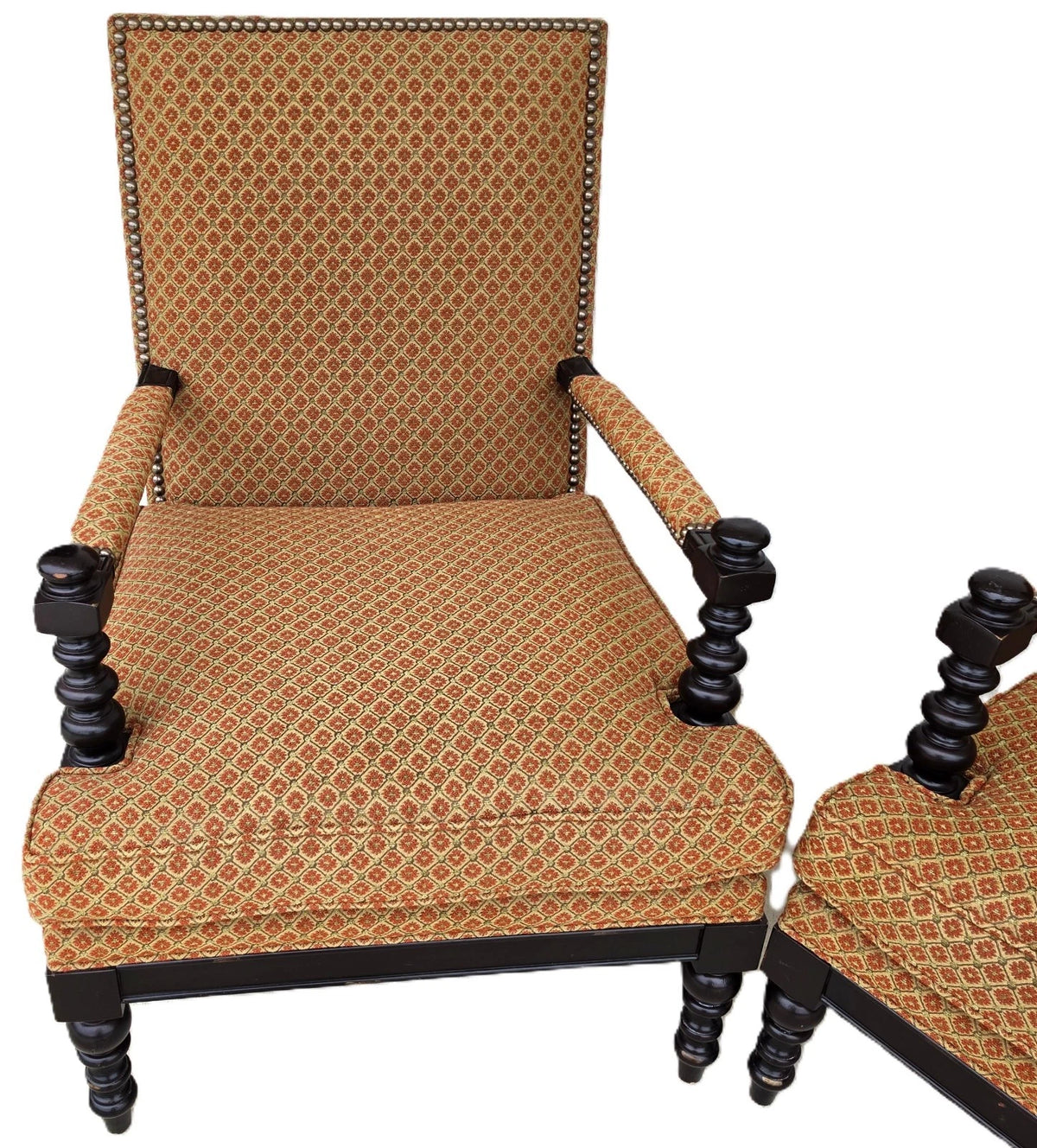 Jacobean Louis XIII Style Bobbin Turned Lounge Armchairs Ebonized Nailhead Pair