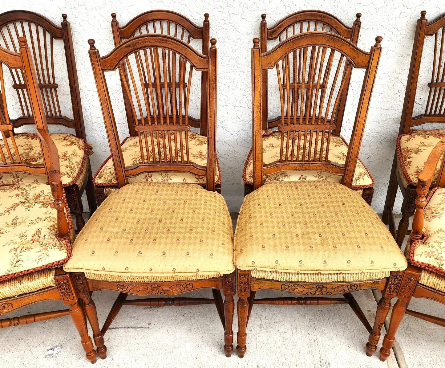 French Country Dining Chairs Rush Seats Wheat Backs with Cushions Set of 8