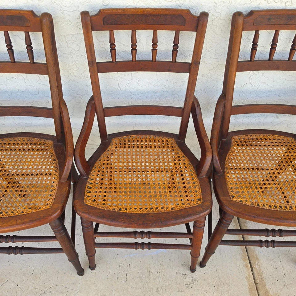 Antique Walnut Victorian Spindle Back Cane Seat Dining Chairs Set of 6