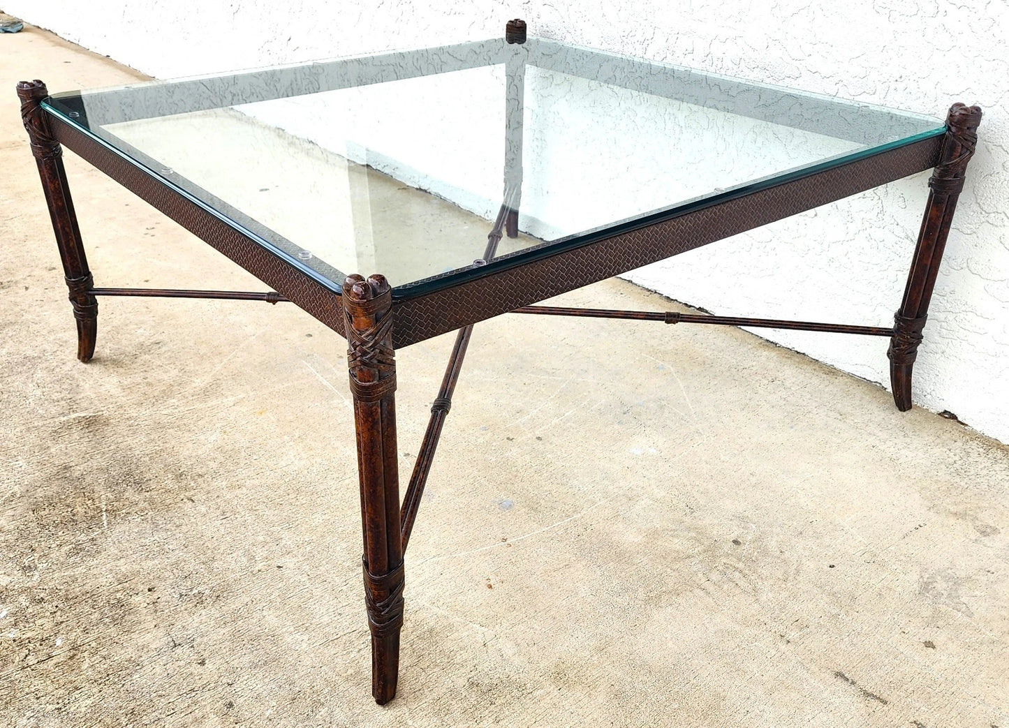 Maitland Smith Style Faux Metal Bamboo Glass & Leather Cocktail Table