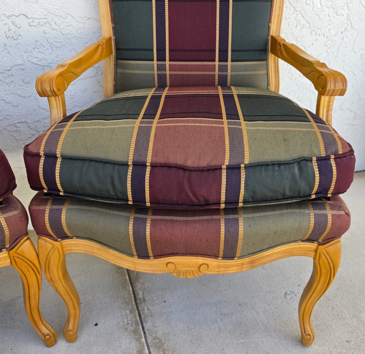 Vintage Louis XV French Provincial Armchairs Plaid Tartan Fauteuil Cabriole Legs