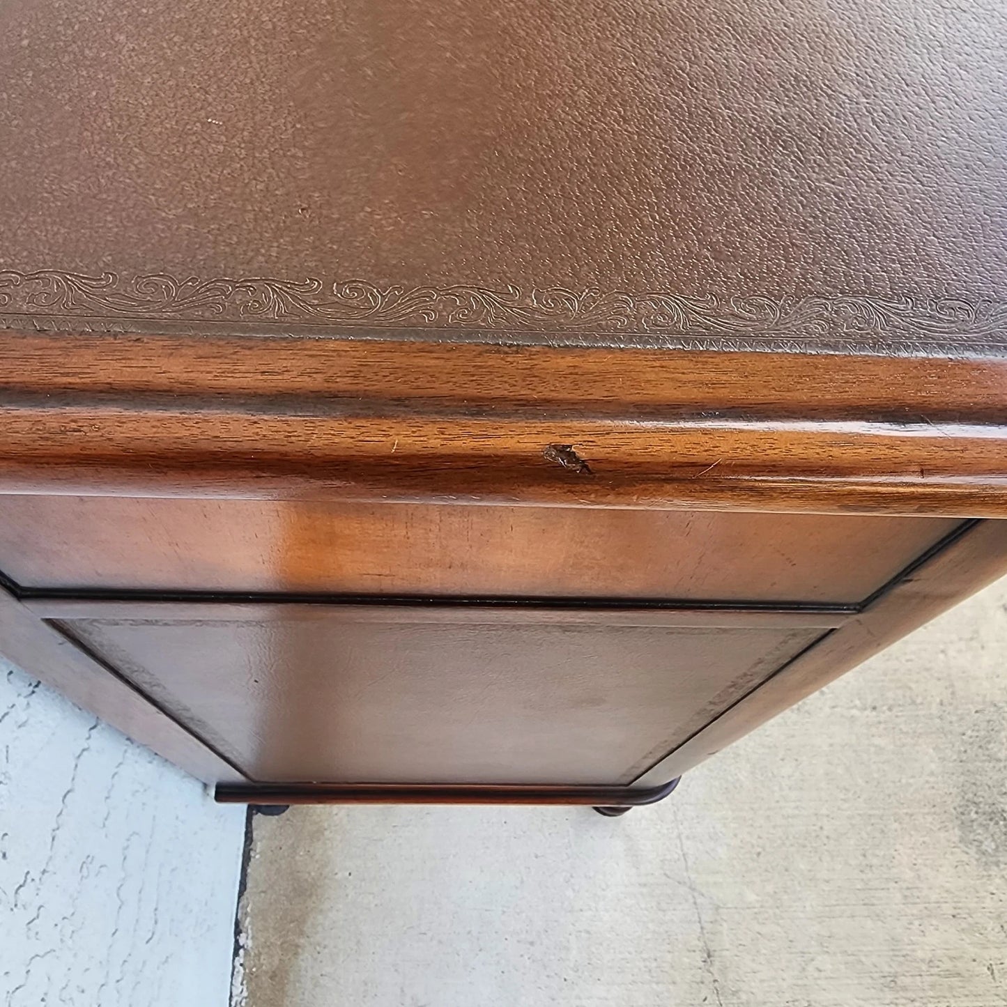 Theodore Alexander Leather Wrapped Serpentine Chest Hidden Pull Out Desk