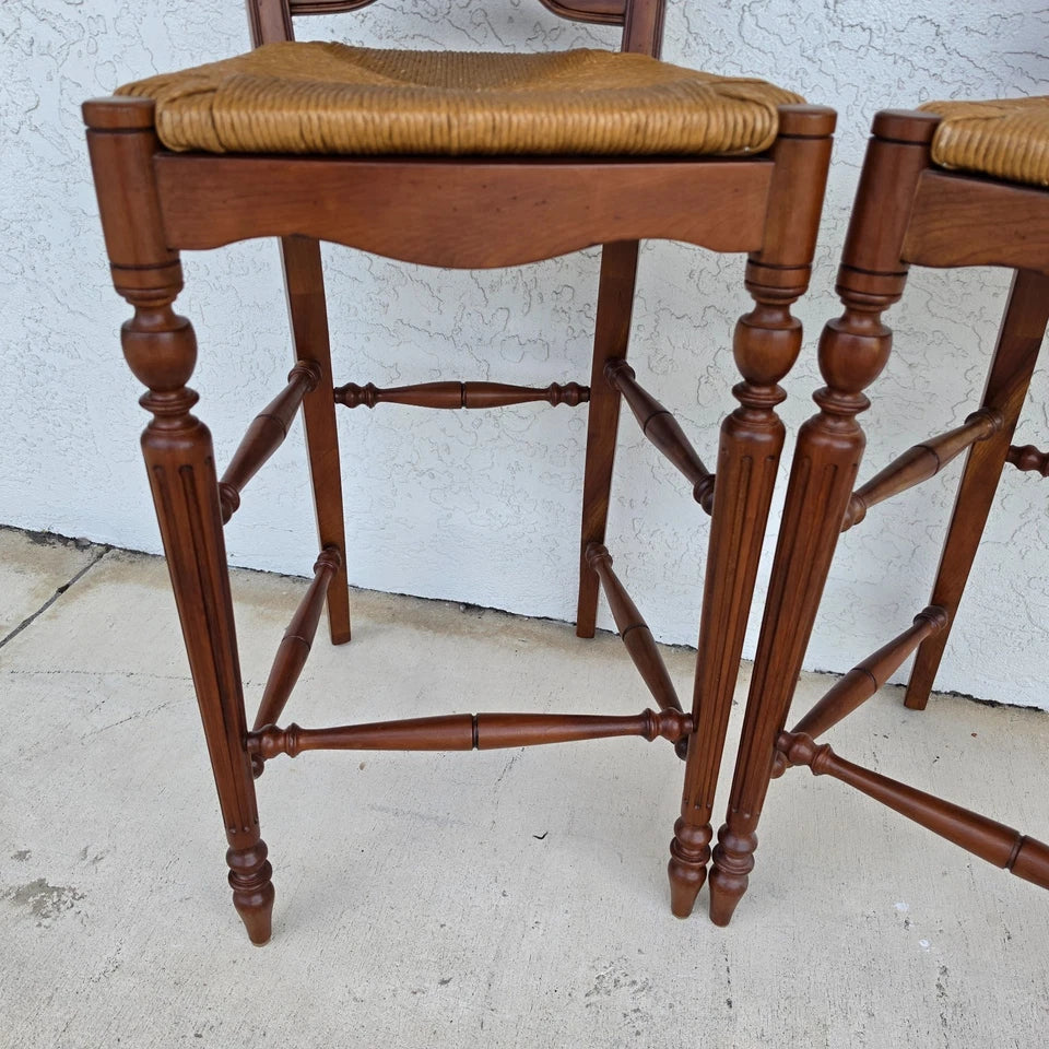 Ethan Allen Country French Wheat Sheaf Back Rush Seat Bar Stools Set of 2
