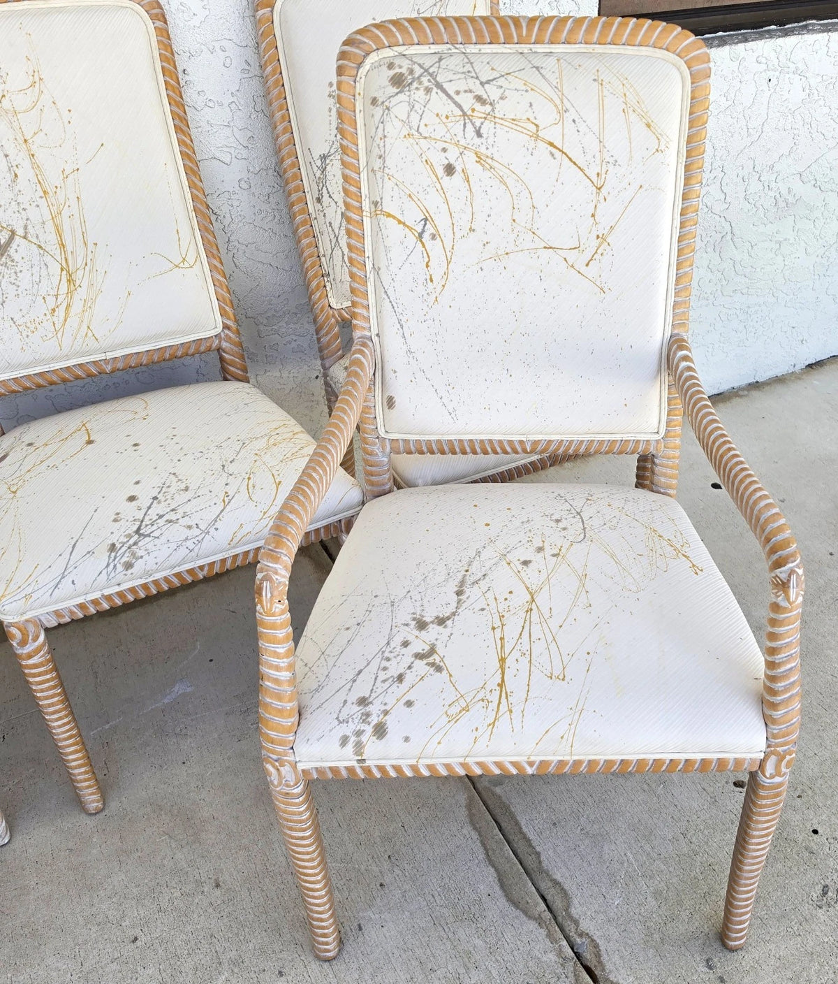 Set of 6 Coastal Carved Rope Solid Wood Dining Chairs With Abstract Upholstery