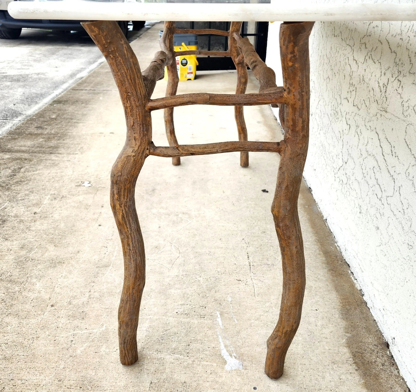 Vintage French Rustic Metal & Marble Faux Bois Branch Console Sofa Table