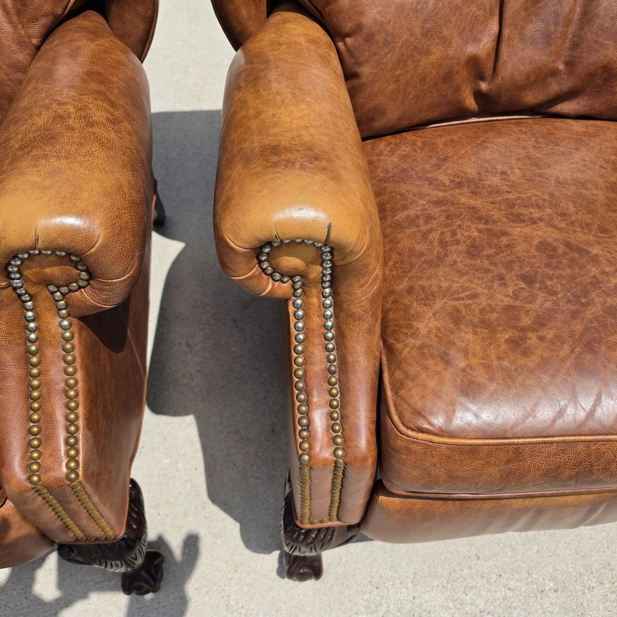 Vintage MOTIONCRAFT Chippendale Leather Wingback Recliners Ball & Claw Pair