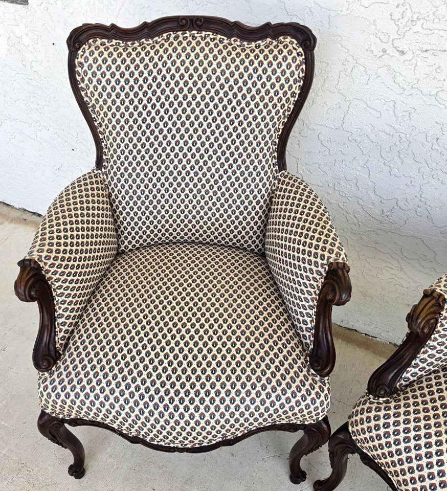 Pair of Antique French Provincial Louis XV Walnut Bergere Armchairs