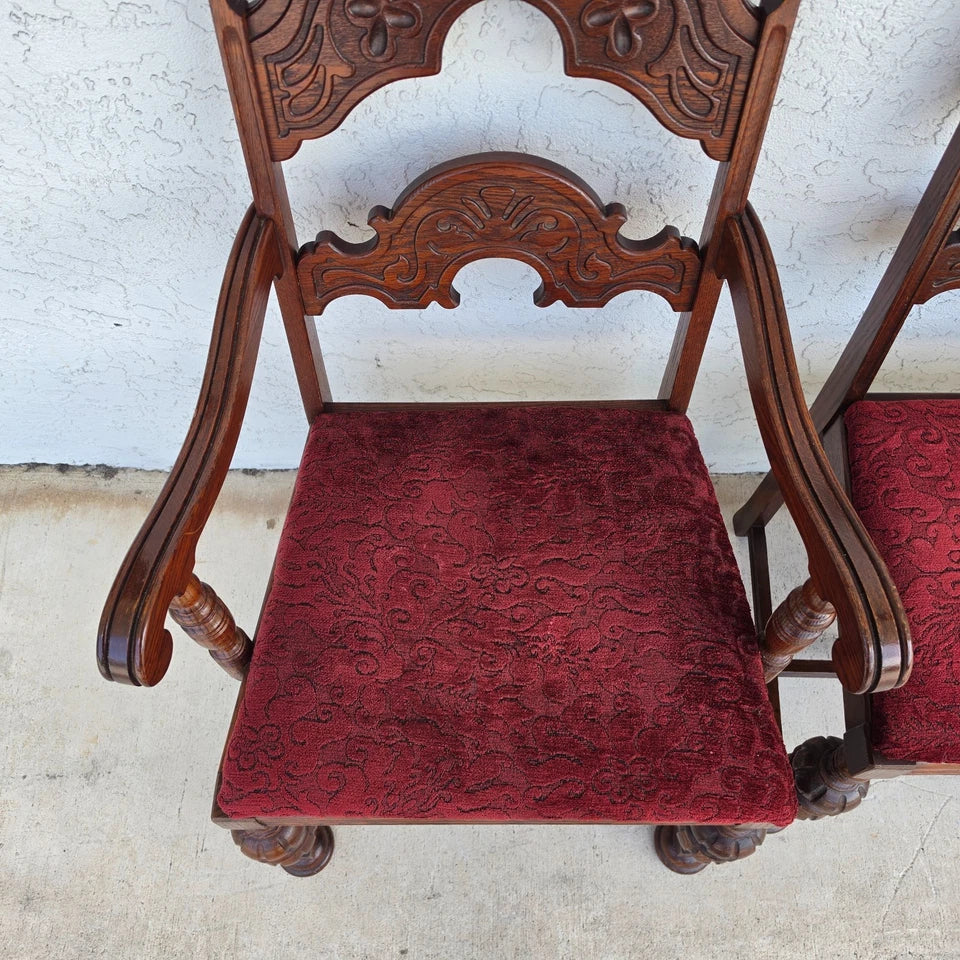 Antique English Oak Tudor Jacobean Dining Chairs 1930's Set of 4