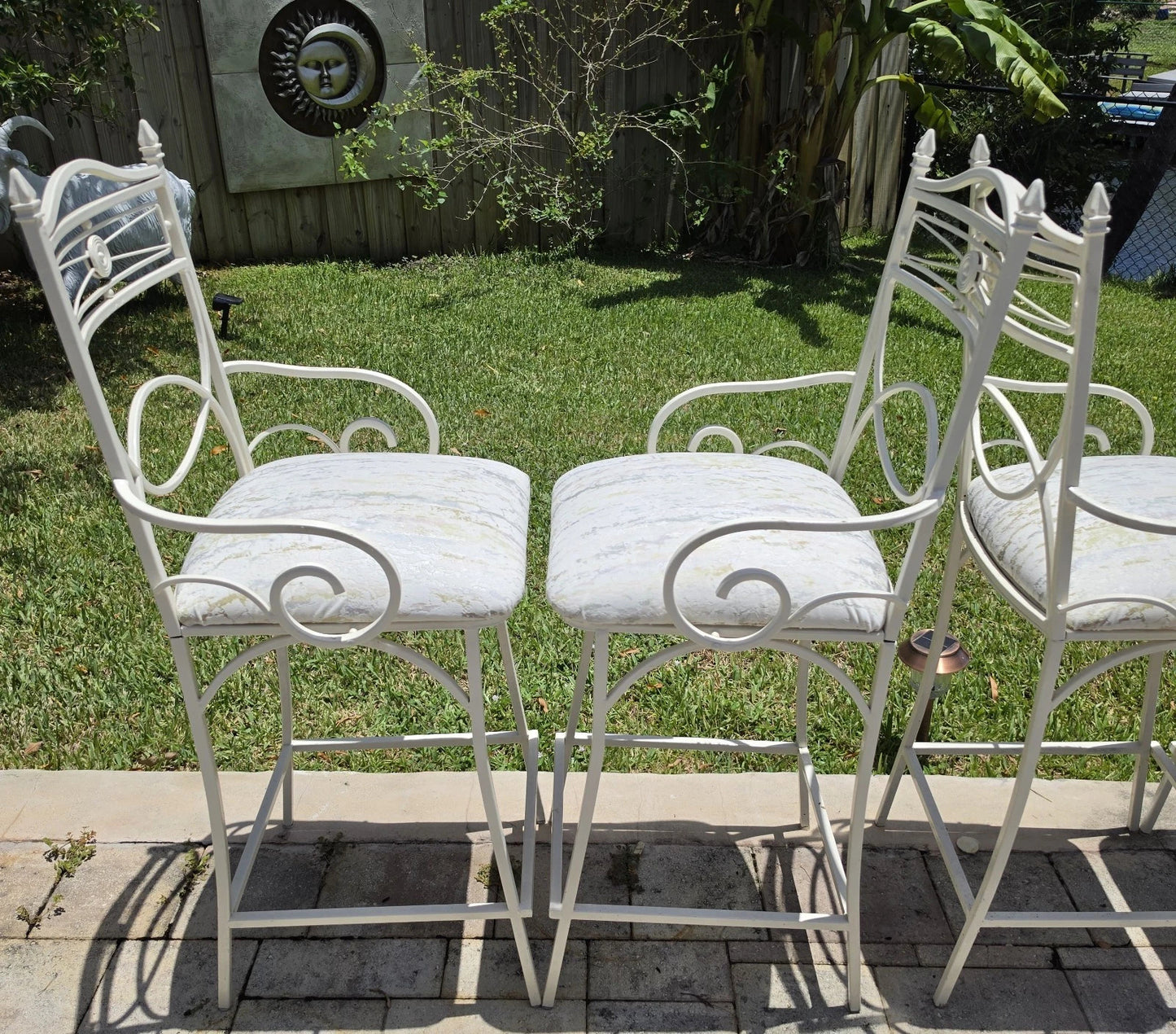 Set of 4 Vintage Coastal Palm Beach Regency Painted Metal Barstools.
