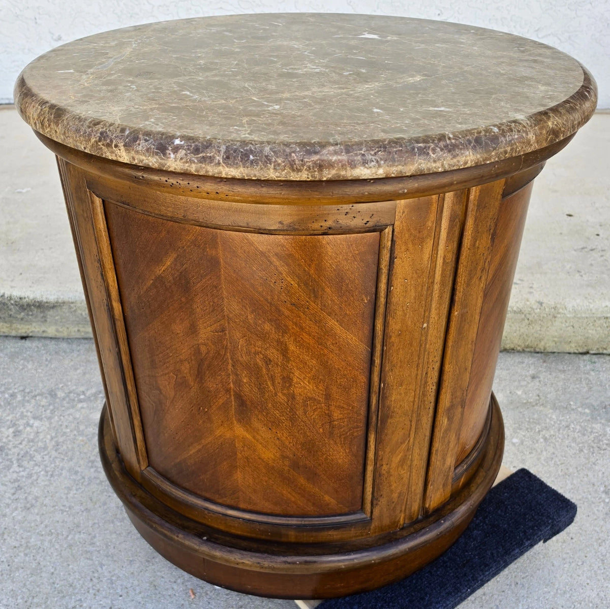 Vintage Round Brown Marble Top Drum Side Center Table With Storage Cabinet
