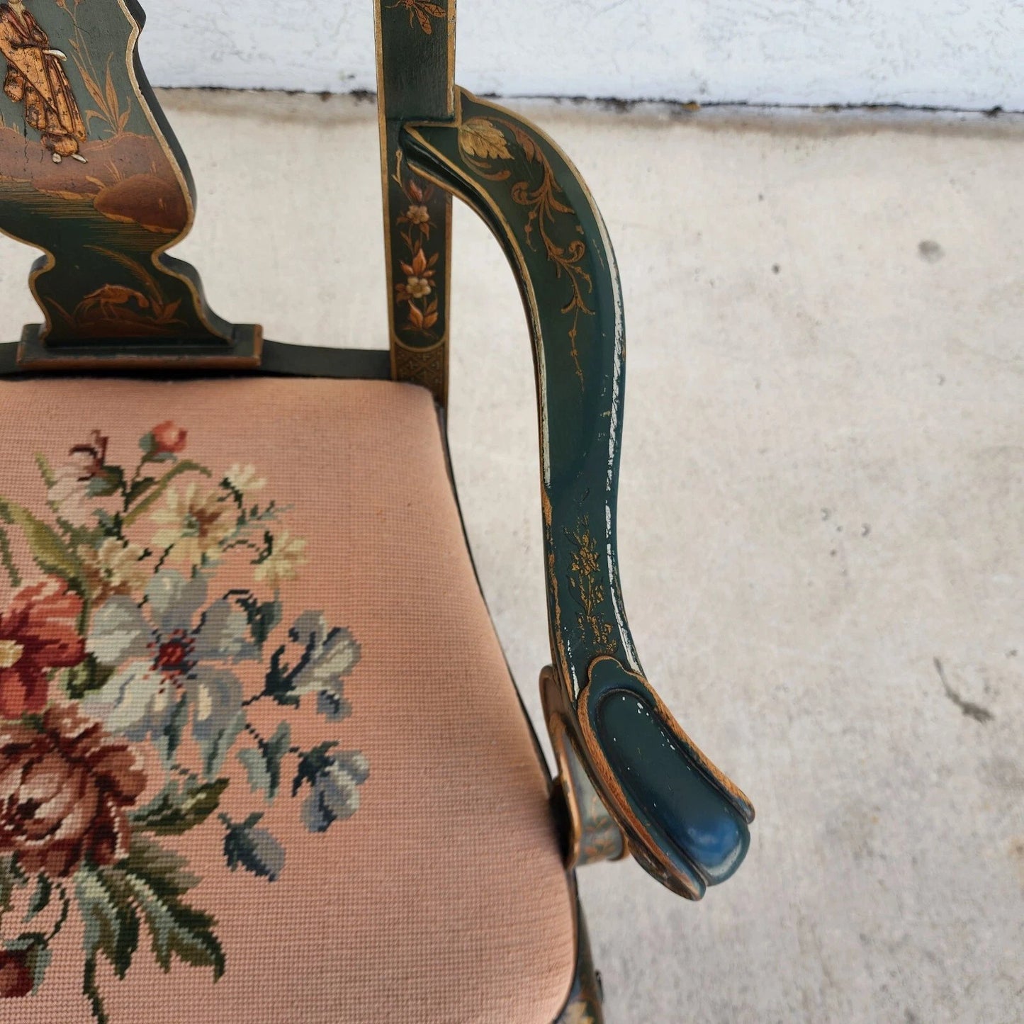 Antique Chinoiserie Decorated Queen Anne Arm Chair ca 1930