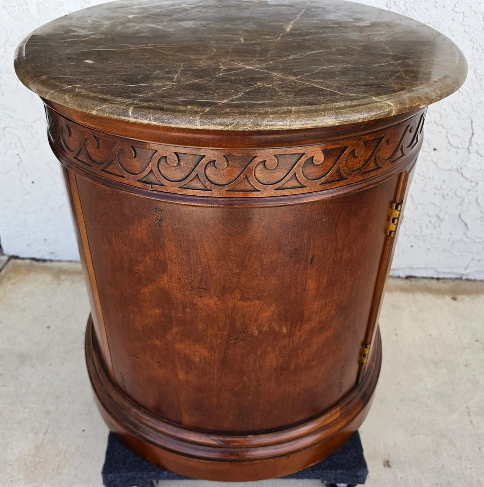 Henredon Style Mahogany & Marble Drum Center Side Bedside Table