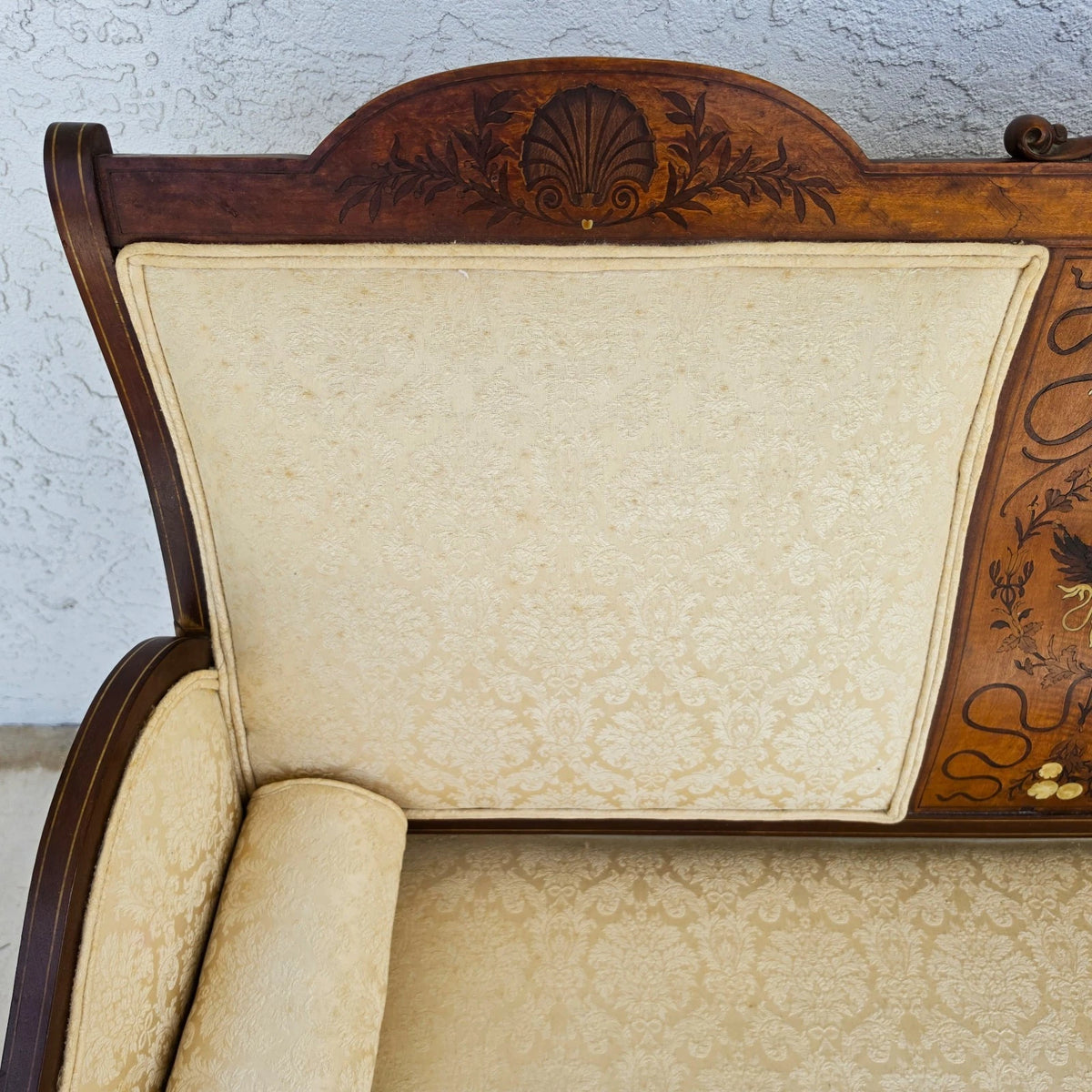 Antique Edwardian Inlaid Mythical Griffin Mahogany Double-Chair-Back Settee