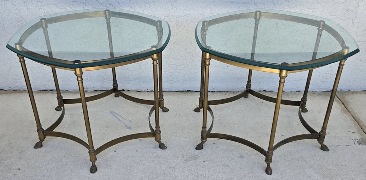 Vintage Labarge Side Tables Brass Glass Hoof Footed Octagonal Pair