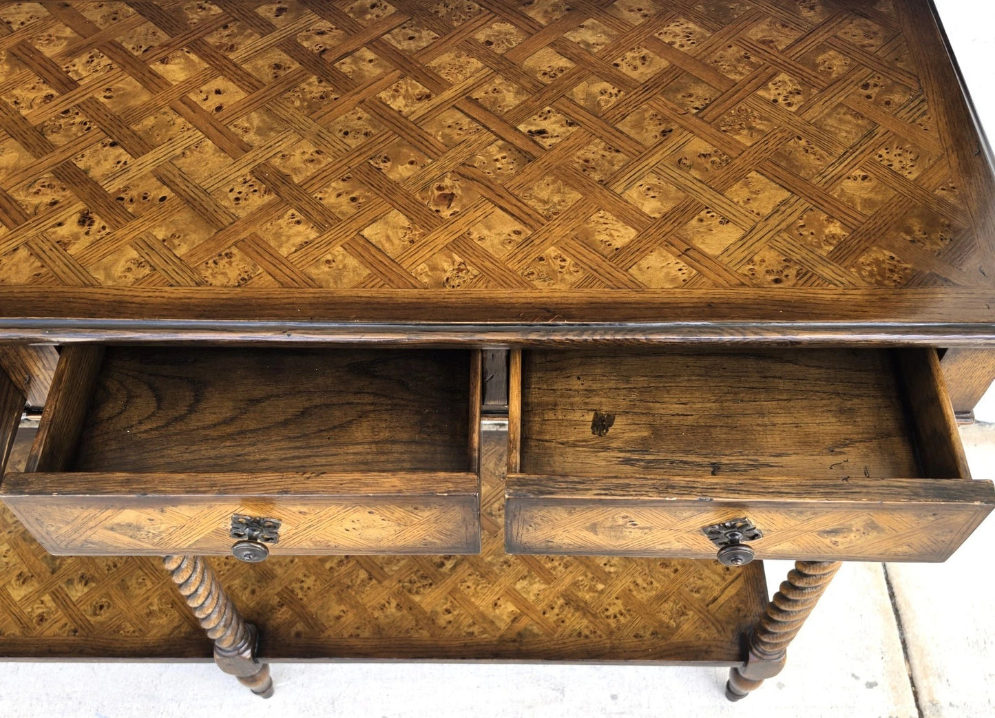 Theodore Alexander Burl Parquetry Console Table with 4 Drawers