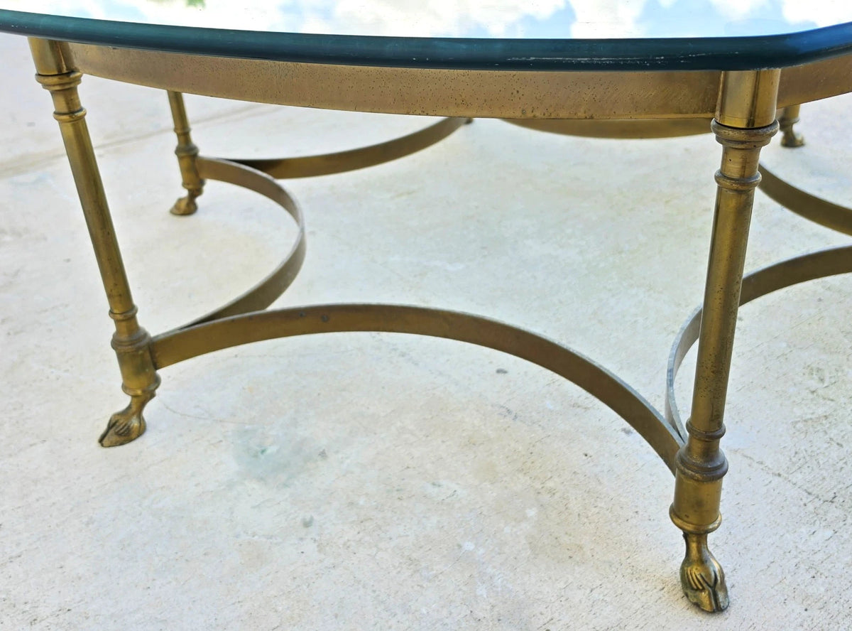 Vintage LaBarge Hexagonal Brass Hoof Footed Glass Top Coffee Table
