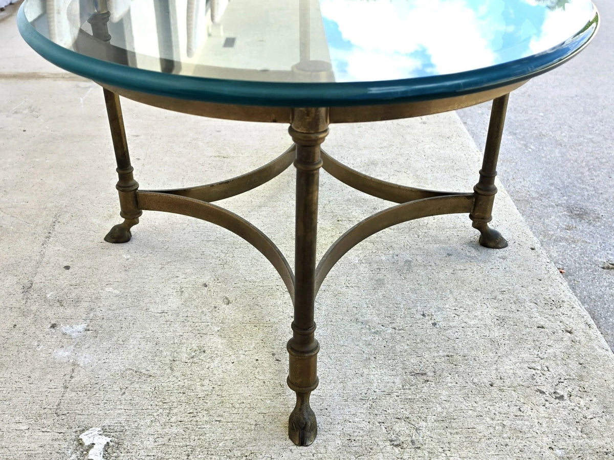 Vintage LaBarge Oval Brass Hoof Footed Glass Top Coffee Table Neoclassical