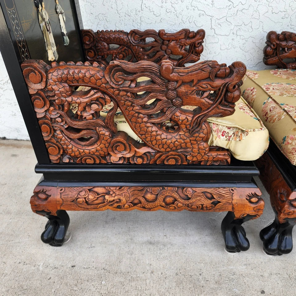 Chinese Hand-Carved Dragon Throne Armchairs Pair