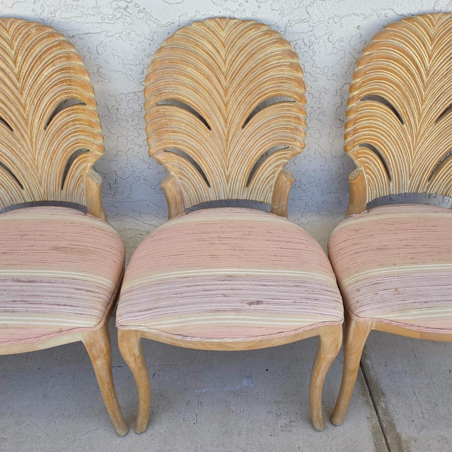 Vintage Venetian Grotto Style Carved Wood Palm Leaf Dining Chairs Set of 4