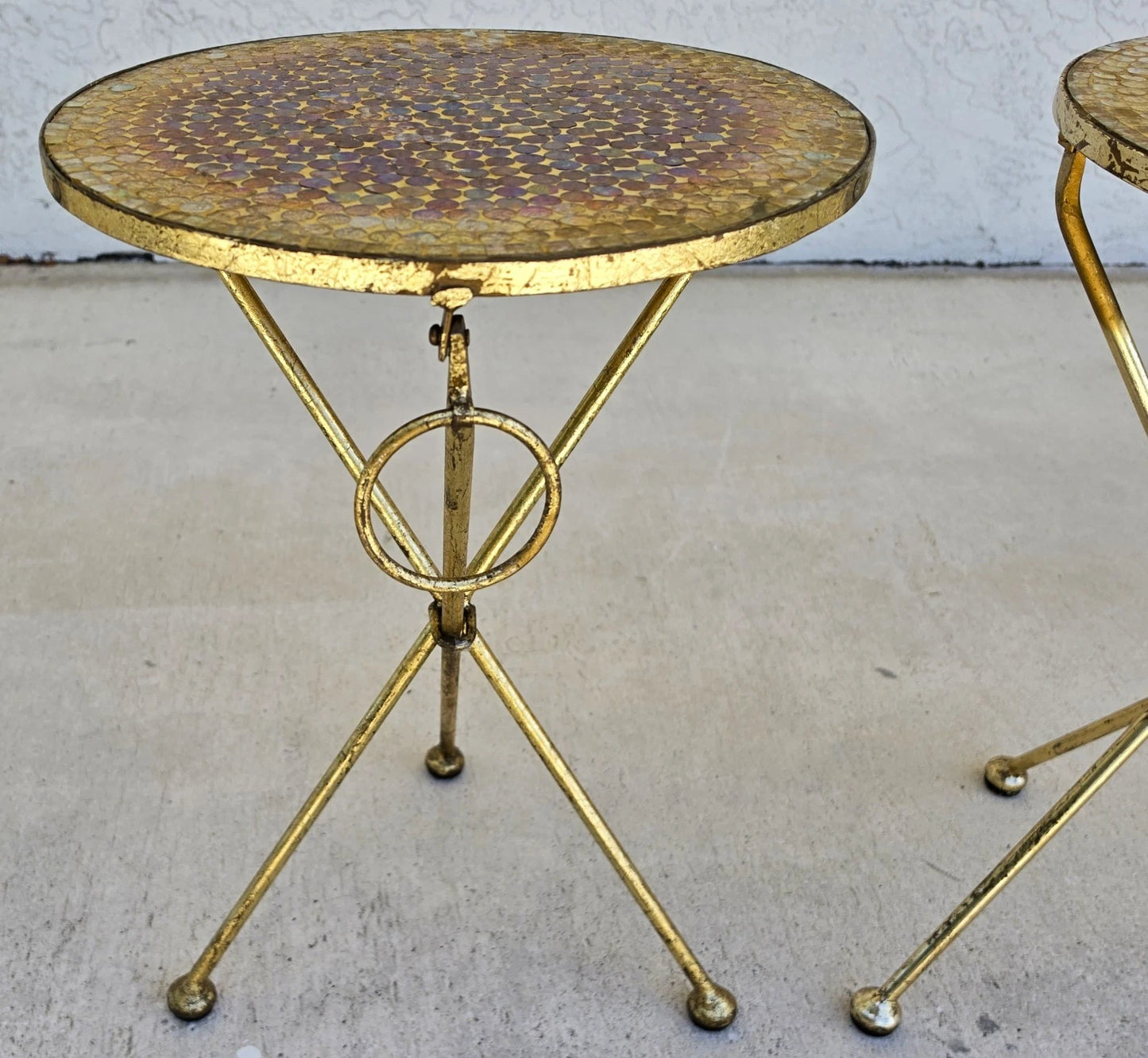 Italian Gold Gilt Folding Mosaic Side Drink Tables 1960s Pair
