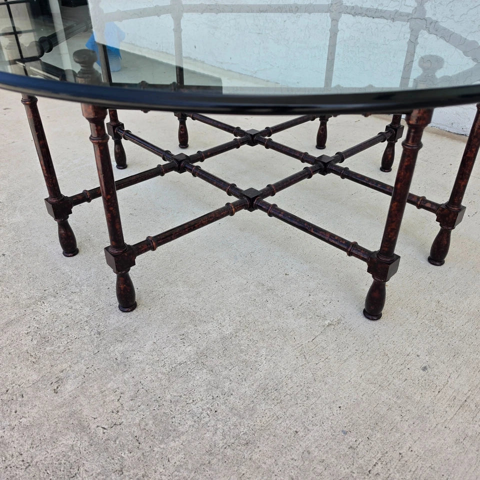 Vintage Baker Style Tortoise Shell Faux Bamboo & Glass Coffee Table
