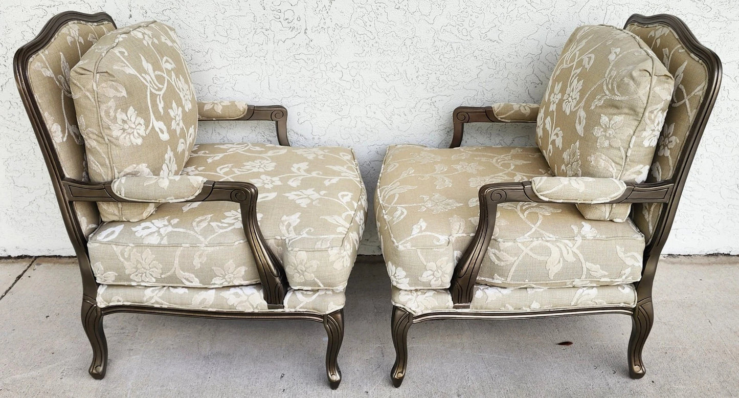 Vintage French Louis XV Armchairs Damask Linen Pair