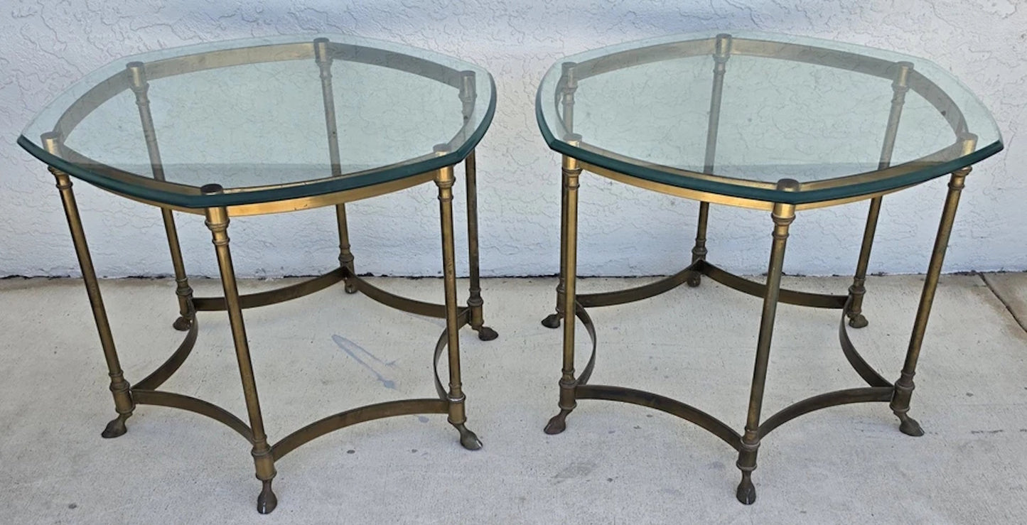 Vintage Labarge Side Tables Brass Glass Hoof Footed Octagonal Pair