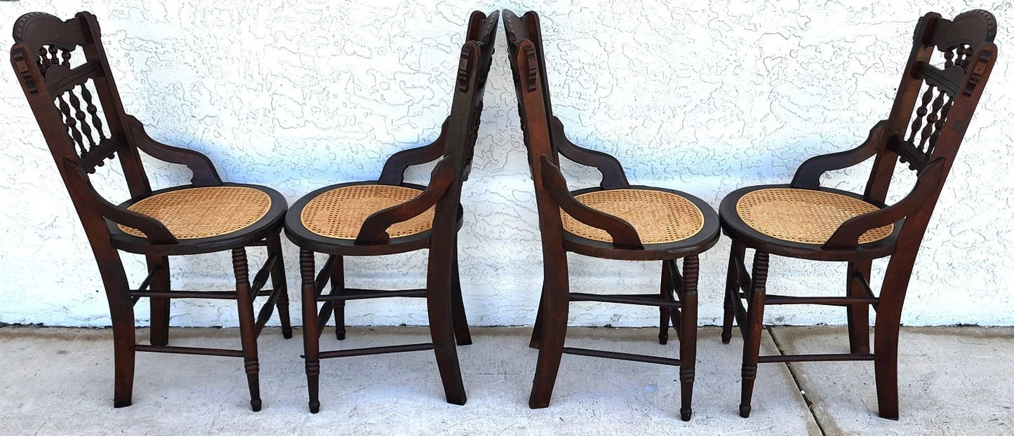 Antique Eastlake Victorian Style Walnut Cane Seat Side Dining Chairs Set of 4