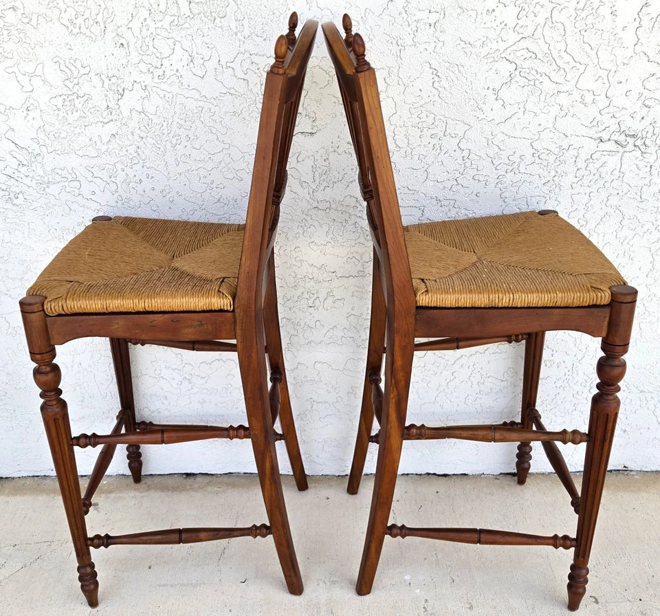 Ethan Allen Country French Wheat Sheaf Back Rush Seat Bar Stools Set of 2