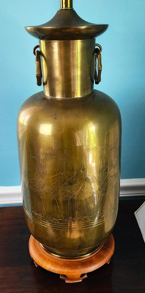 Vintage Asian Brass With Cranes Table Lamp