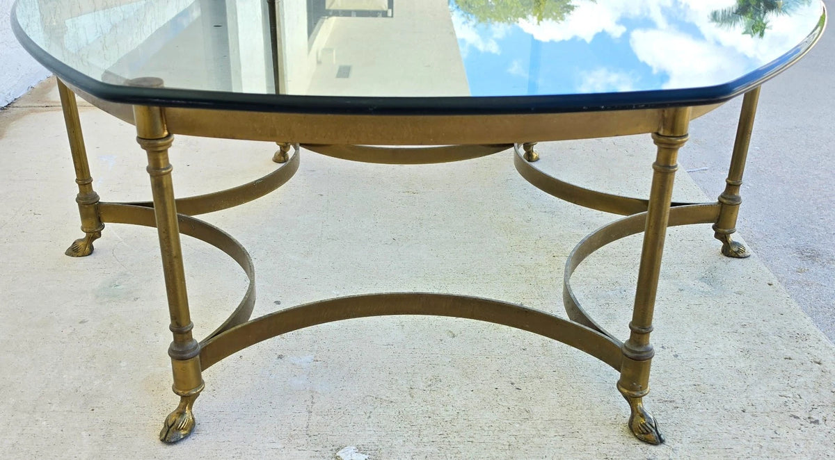 Vintage LaBarge Hexagonal Brass Hoof Footed Glass Top Coffee Table
