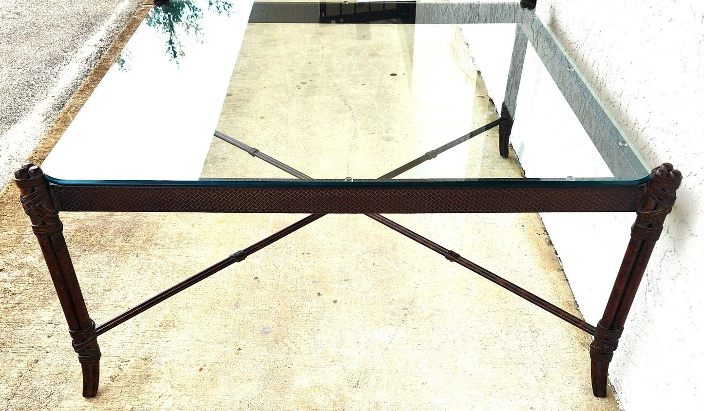 Maitland Smith Style Faux Metal Bamboo Glass & Leather Cocktail Table
