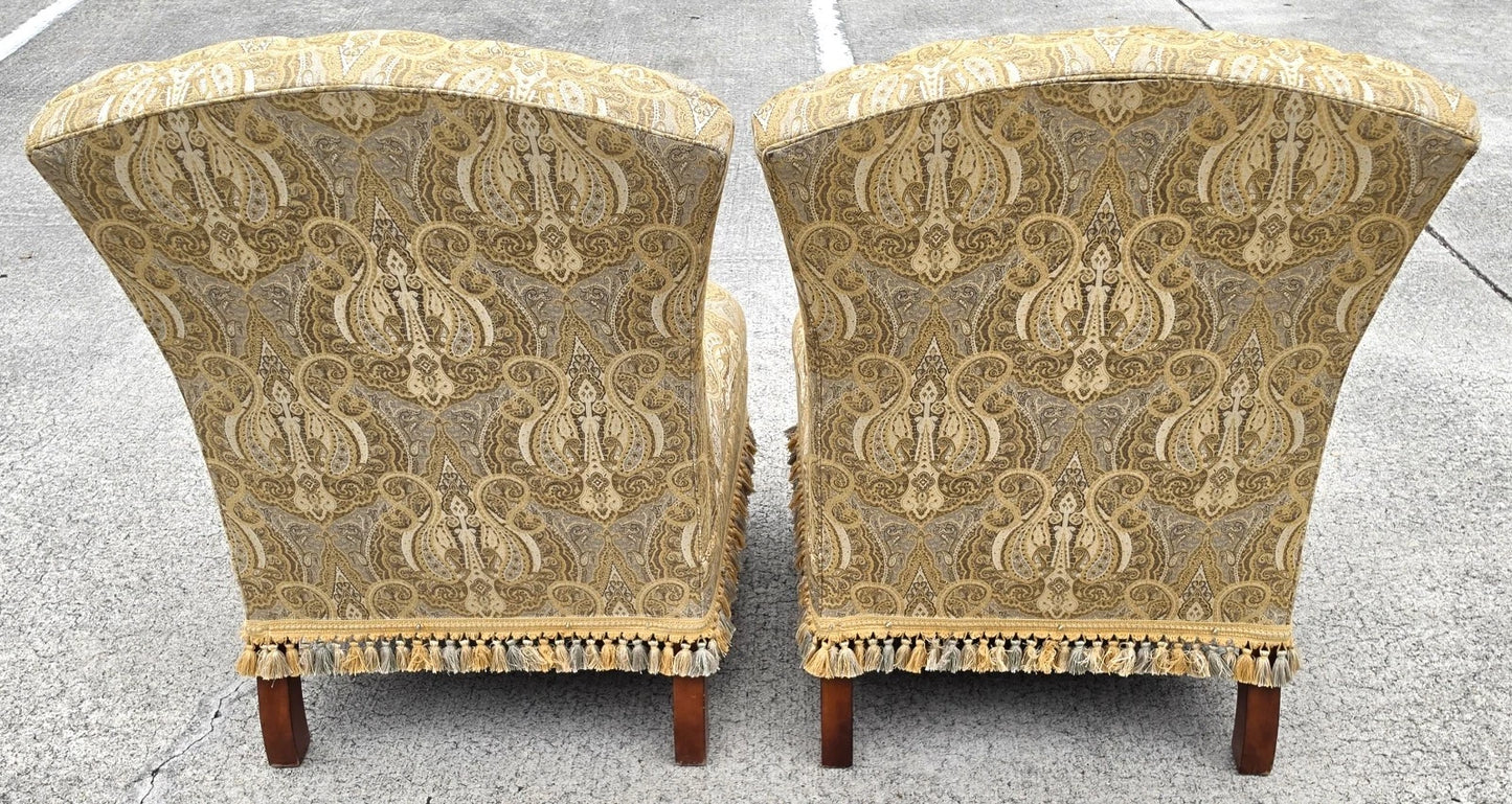 Vintage Hollywood Regency French Tufted Designer Slipper Lounge Chairs Pair