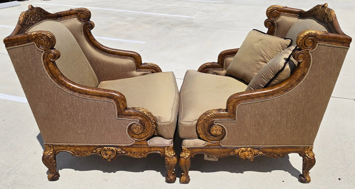Marge Carson Style French Louis XV Ornate Caved Settees Loveseats Pair