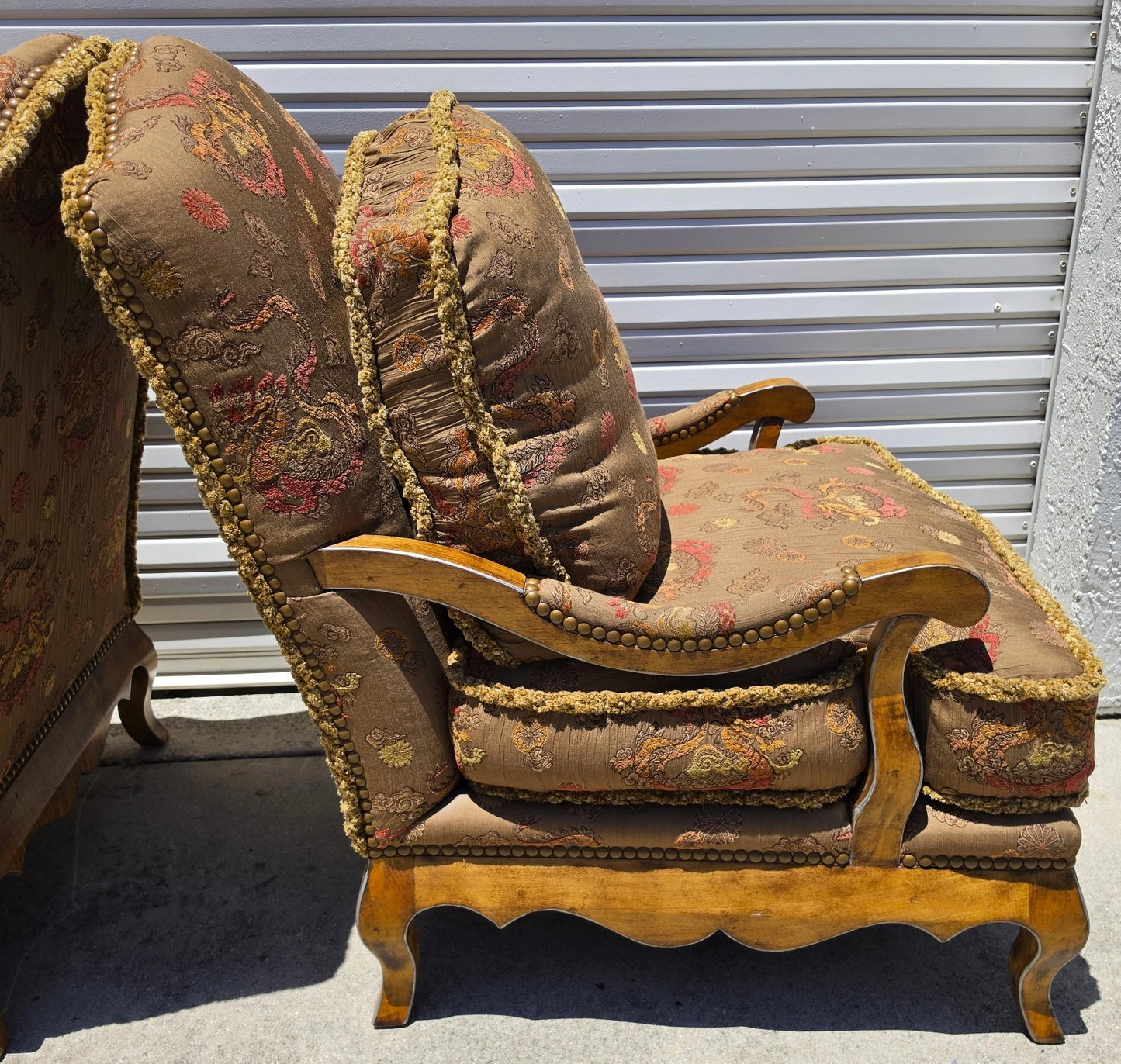 Classics French Louis XV Bergère Armchairs Chinoiserie Fabric Down Cushions