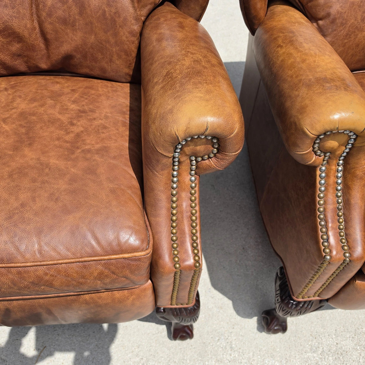 Vintage MOTIONCRAFT Chippendale Leather Wingback Recliners Ball & Claw Pair