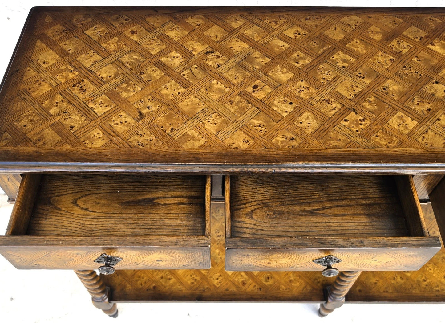 Theodore Alexander Burl Parquetry Console Table with 4 Drawers