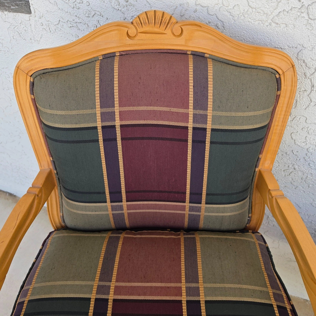 Vintage Louis XV French Provincial Armchairs Plaid Tartan Fauteuil Cabriole Legs