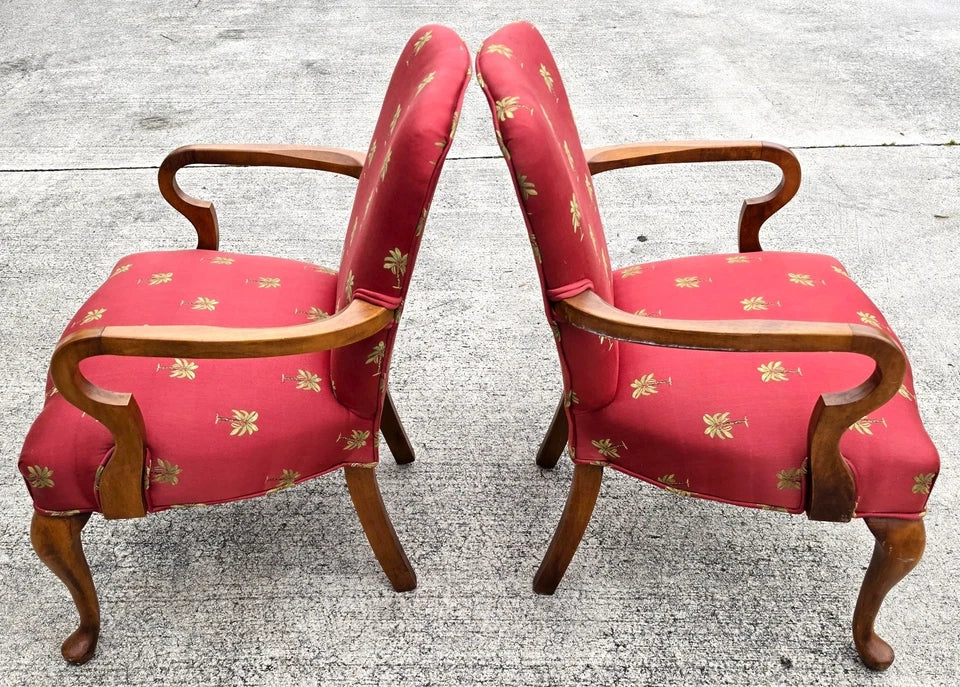 Vintage Queen Anne Gooseneck Armchairs with Palm Tree Upholstery Pair