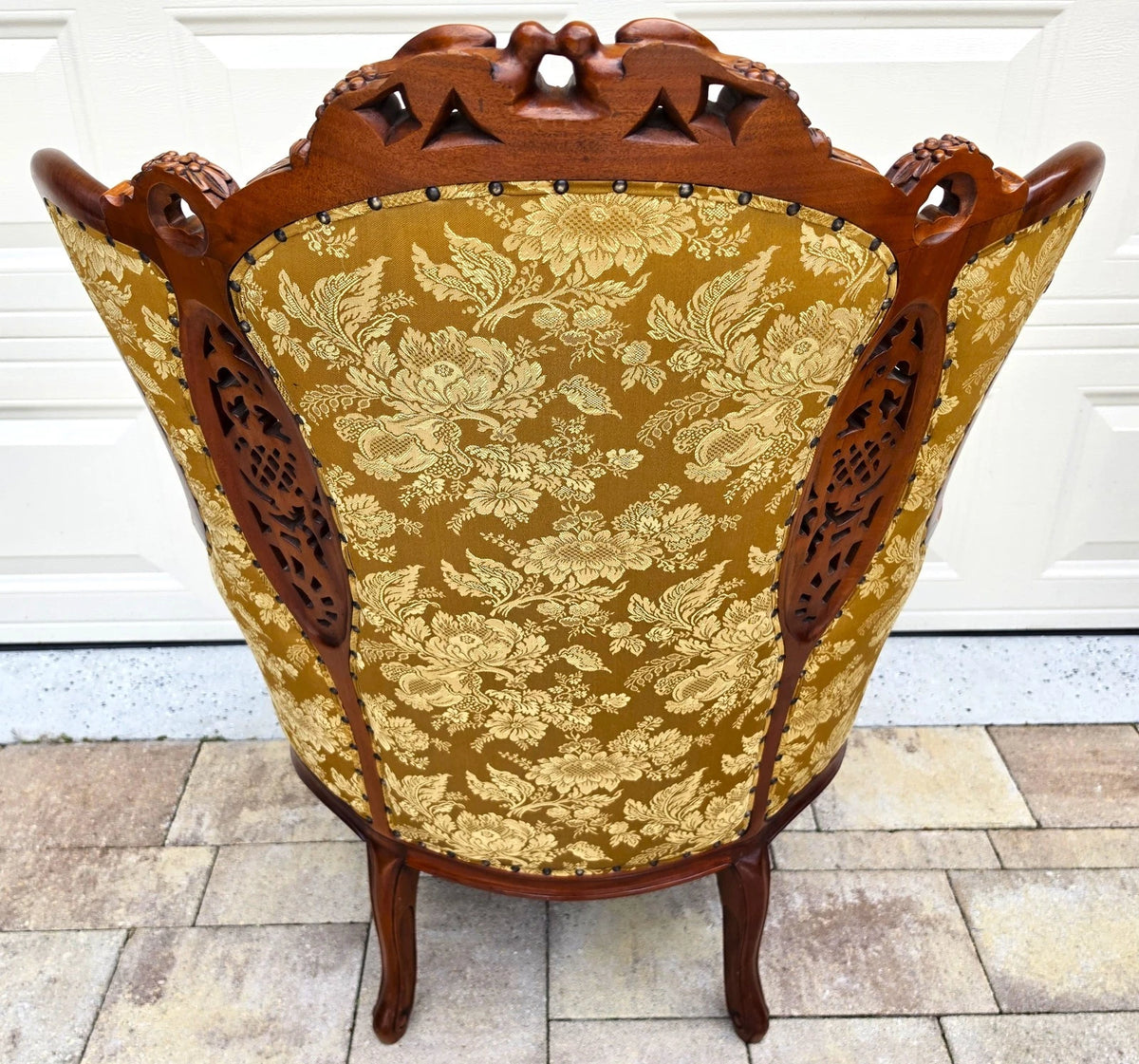 Victorian Rococo Revival Carved Bird Crest Music Room Wingback Armchair
