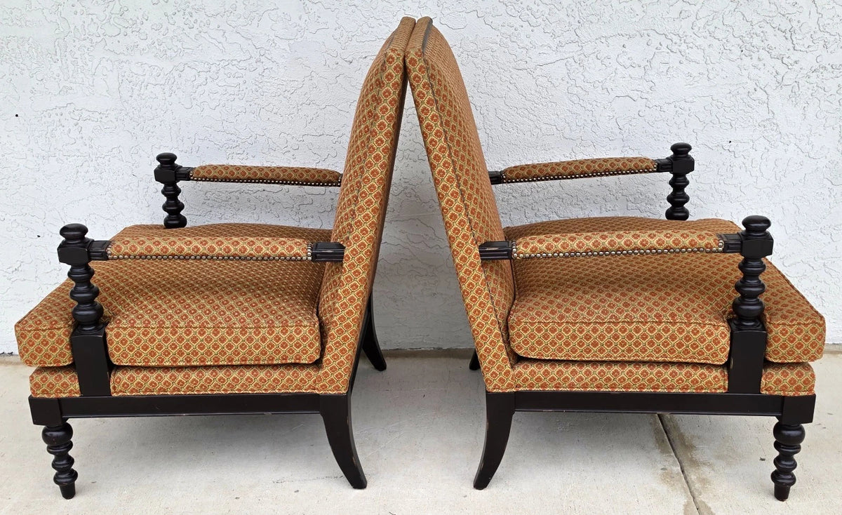 Jacobean Louis XIII Style Bobbin Turned Lounge Armchairs Ebonized Nailhead Pair