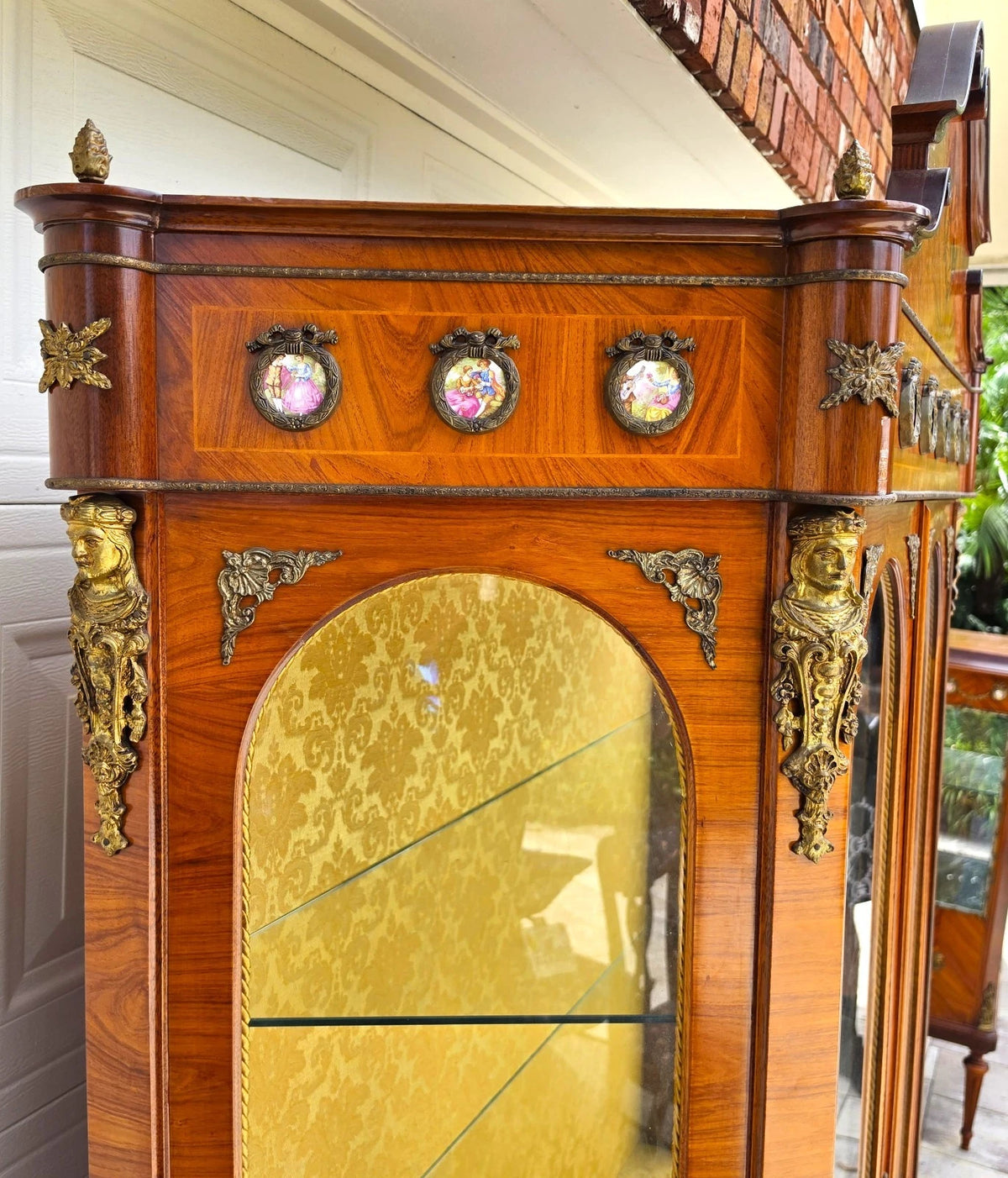 French Louis XV Marquetry Display Cabinet Figural Mounts Porcelain Medallions