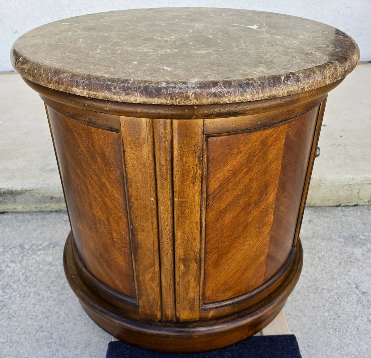 Vintage Round Brown Marble Top Drum Side Center Table With Storage Cabinet
