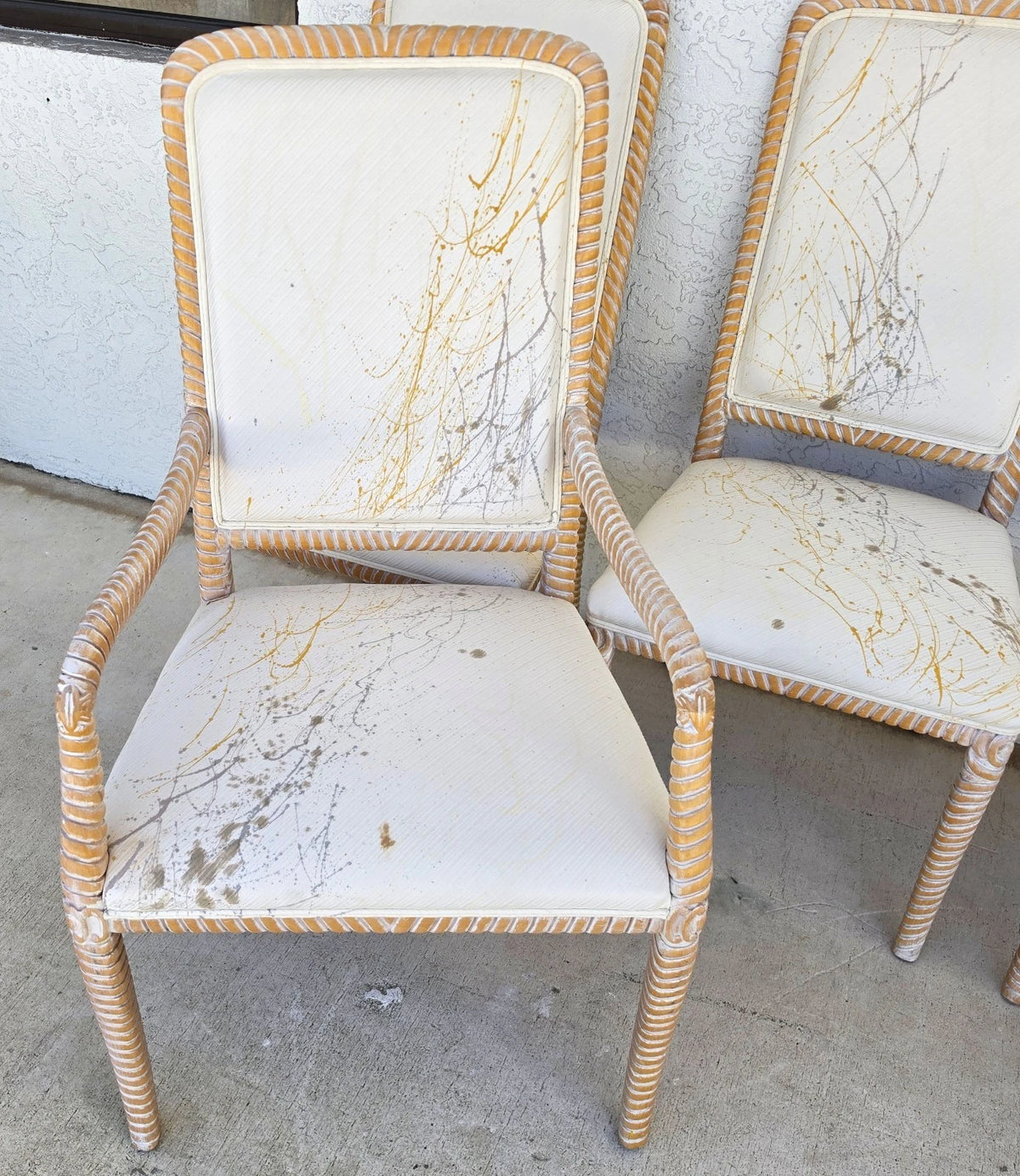 Set of 6 Coastal Carved Rope Solid Wood Dining Chairs With Abstract Upholstery