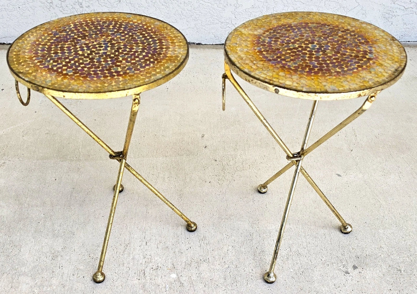 Italian Gold Gilt Folding Mosaic Side Drink Tables 1960s Pair