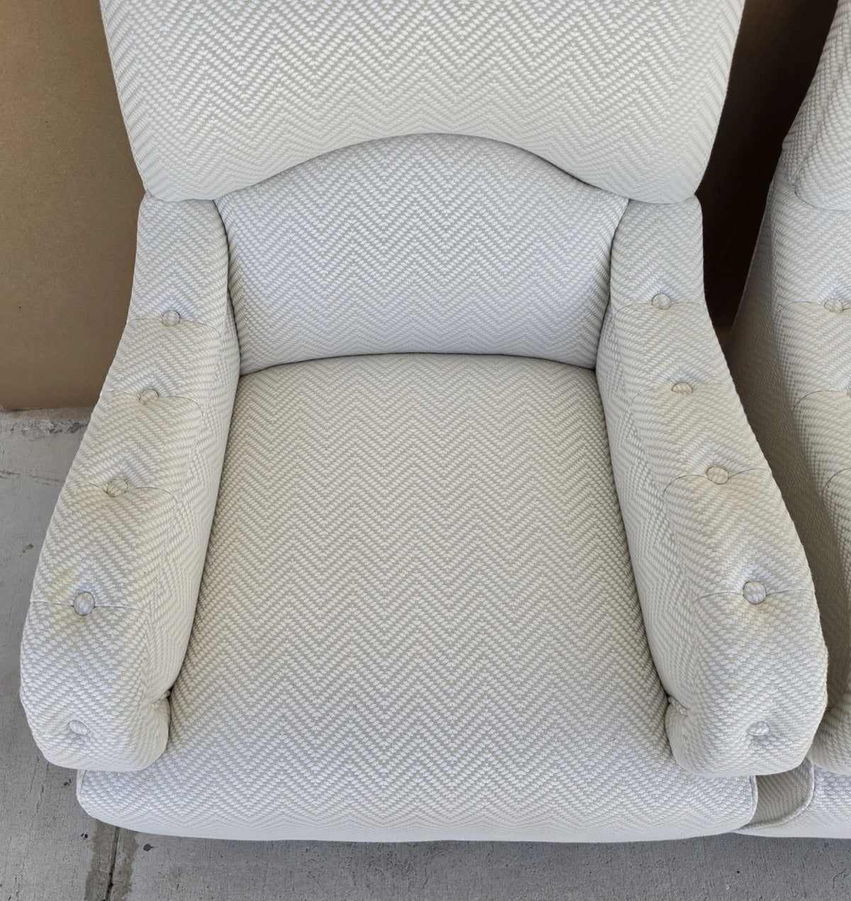 Pair Baker English Country Scroll Arm Lounge Chairs Tufted Herringbone Casters