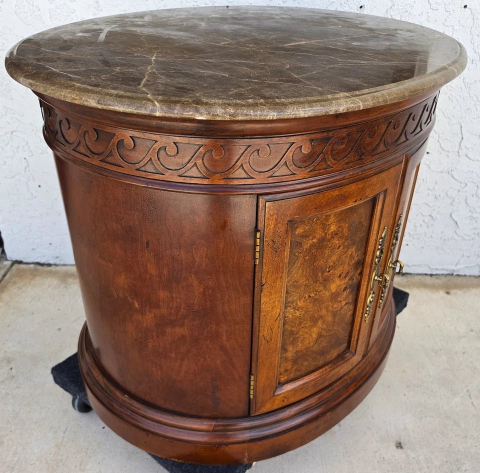 Henredon Style Mahogany & Marble Drum Center Side Bedside Table