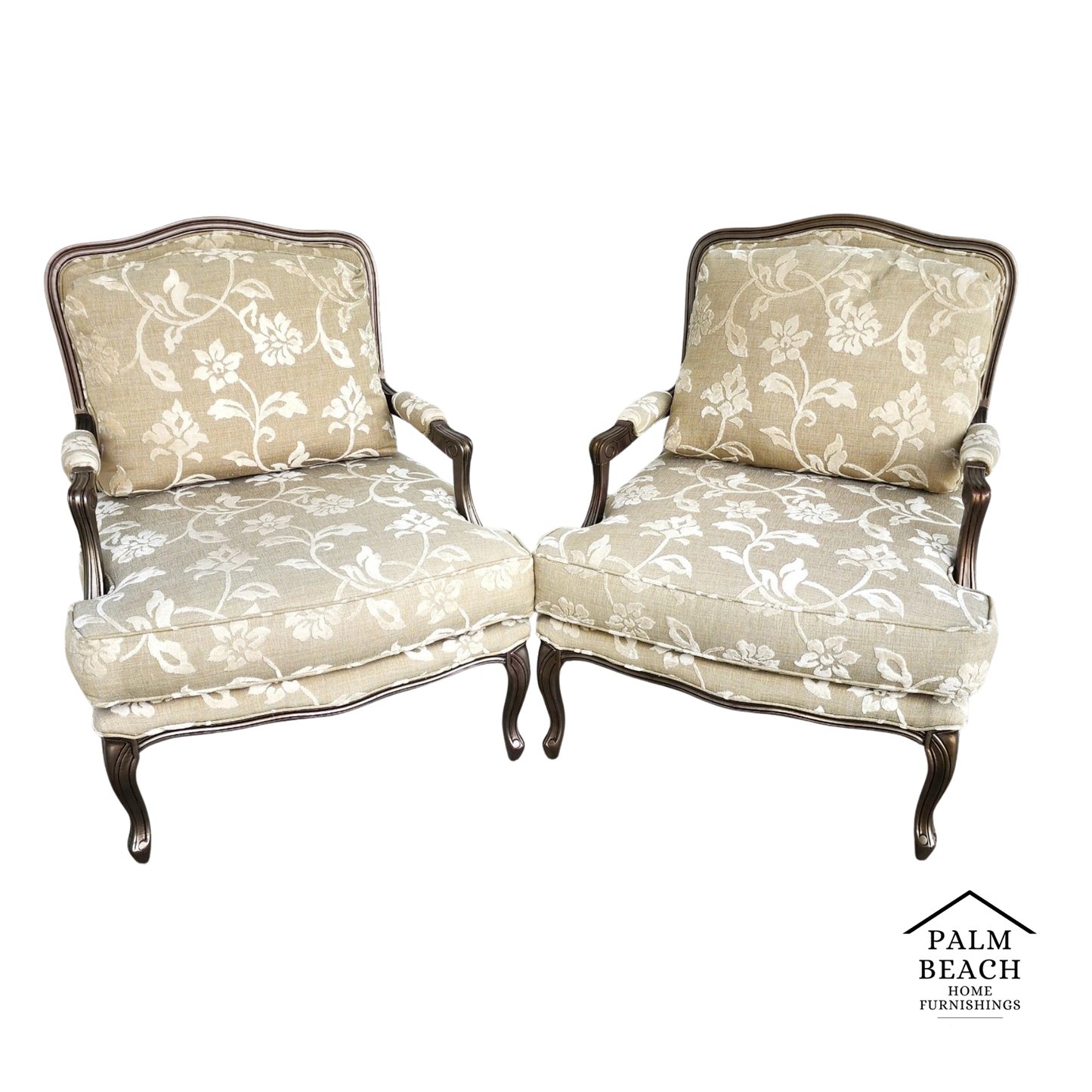Vintage French Louis XV Armchairs Damask Linen Pair