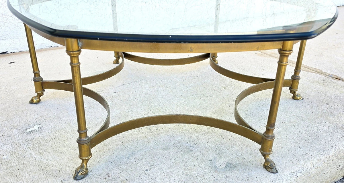 Vintage LaBarge Hexagonal Brass Hoof Footed Glass Top Coffee Table