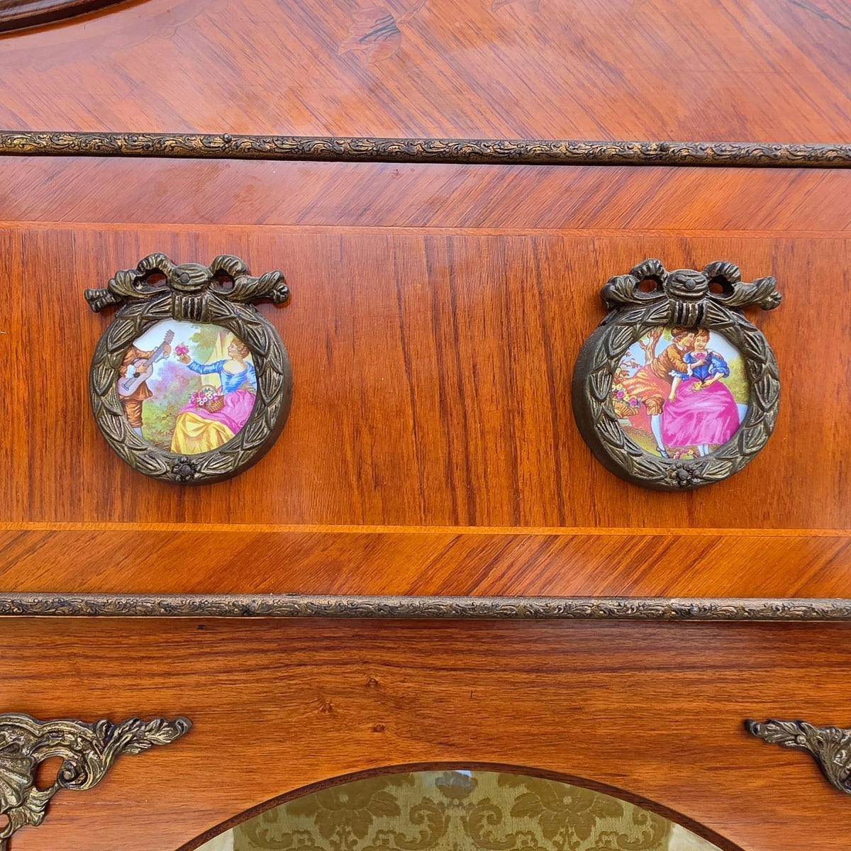 French Louis XV Marquetry Display Cabinet Figural Mounts Porcelain Medallions